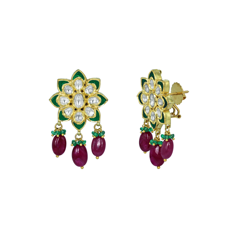 Floral Polki Earrings with Green Enamel and Ruby Drops